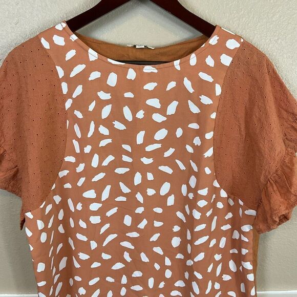 Umgee Linen Blend Top S Orange Flutter Sleeve Eyelet Mixed Media Animal Print R3 - Picture 4 of 12